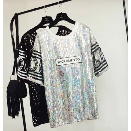 Oversized long O-Neck Oversize hip hop sequins letters Long T-shirt Sparkling Tees Backless BlingBling Dress Outwear Streetwear