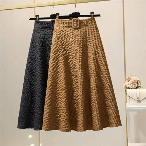 Fairyshely Vintage Black High Waist Belt Skirt Women 2021 Autumn Midi Skirt Hong Kong Fold A-line Skirt