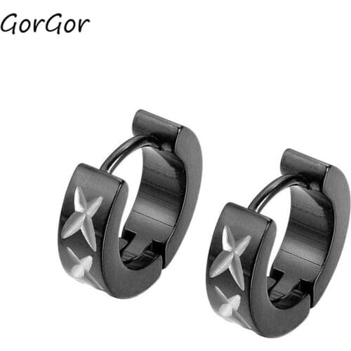 GorGor Stud Earrings Men Stainless Steel Cross Star Black Pattern Individuality Originality Statement Minimalist Jewelry TE-642