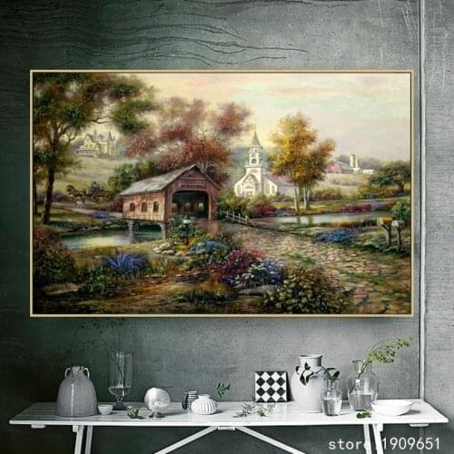 No frame Mediterranean Sea wood house tree scenery canvas printings oil painting printed on cotton wall art decoration picture