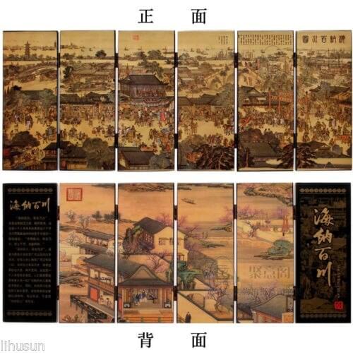 Chinese Vintage Ancient City Scenery Wooden Lacquer Six Pieces Folding Screen