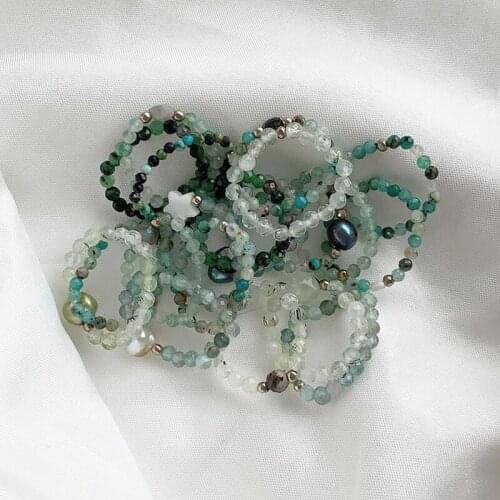 Aquatic Agate Natural Stone Rings Women with Stainless Steel Bead Imitation Pearls Green Color Stretch Rope Wedding Ring Jewelry