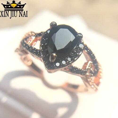 Agate Black Zircon Bicolor Rose Gold Ring Female Creative Water Drop Style Wedding Rings for Women Fashion Jewelry Bague Femme