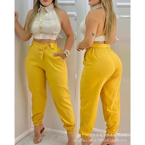 Yellow Suspender Top Trouser Suit Ladies Summer 2-piece Suit High Waist Trouser Suit Lace-up Halter Top Suit