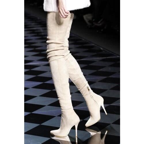 Runway over the knee high heel boots Autumn Pointed Toe Thigh High Boots Beige Suede high heel boots woman long boots