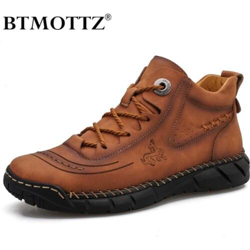 Mens Casual Shoes Leather Vintage Handmade Mens Ankle Boots Outdoor Designer Lace up Sneakers Men Western Boots Botas Hombre
