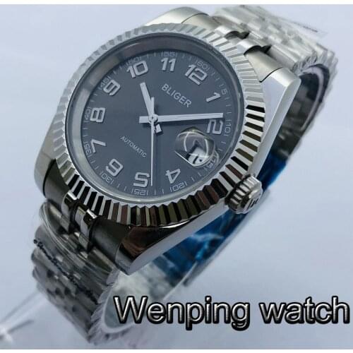 Bliger 39mm Mens Top Luxury Mechanical Watch Silver Case Gray Dial Luminous Jubilee Bracelet Automatic Watch