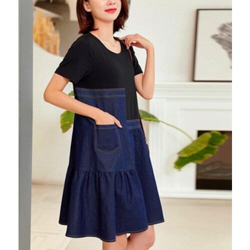 New Summer Style Women Dresses Plus Size Casual Loose O-Neck Patchwork Big Hem Jeans Dress For Females Slim Denim One-Piece