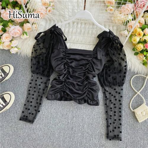 2020 spring autumn new female square collar lace-up bow puff sleeve gauze shirt womens chic ruffles blouses women shirts