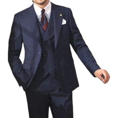 Latest Designs Navy Blue Men Suits Slim Fit Double Breasted Vest Formal Wedding Tuxedo 3 Piece Groom Prom Blazer with Pants