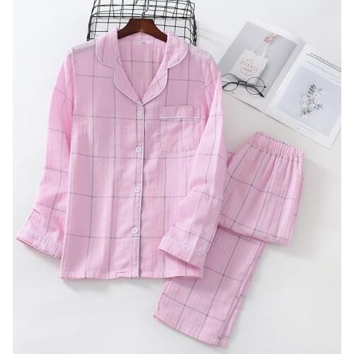Spring/autumn Couple Pajamas Pure Cotton Gauze Thin Summer Long Sleeve Sleepwear Set for Men/women Plaid Loose Comfy Home Wear