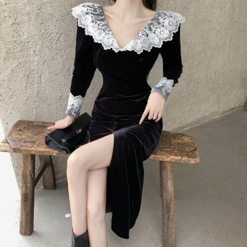 Elegant Vintage Dress Women V-Neck Lace Midi Black Party Dress Female Autumn 2020 Korean Fashion Velvet Sexy Dress