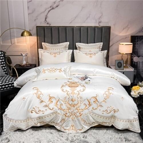 Luxury White/Khaki Splicing Soft Satin Silk Cotton Bedding Set Gold Royal Embroidery Duvet Cover Flat/Fitted Sheet Pillowcases