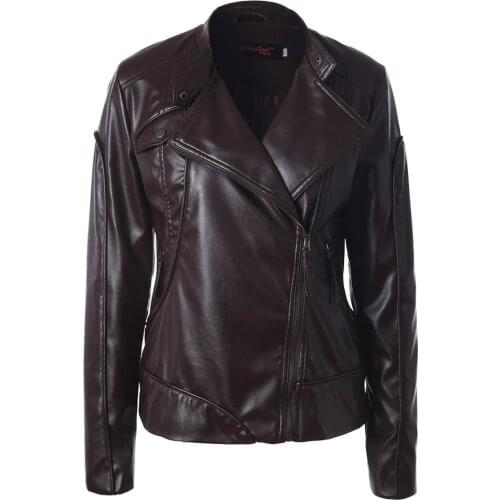 Personalized Womens Leather Jacket Solid Color Stand Collar Side Zipper