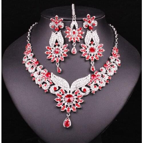Fashion Indian Style Crystal Rhinestones Necklace Earrings Set Silver Plated Bridal Jewelry Sets Jewellery Christmas Gift Women