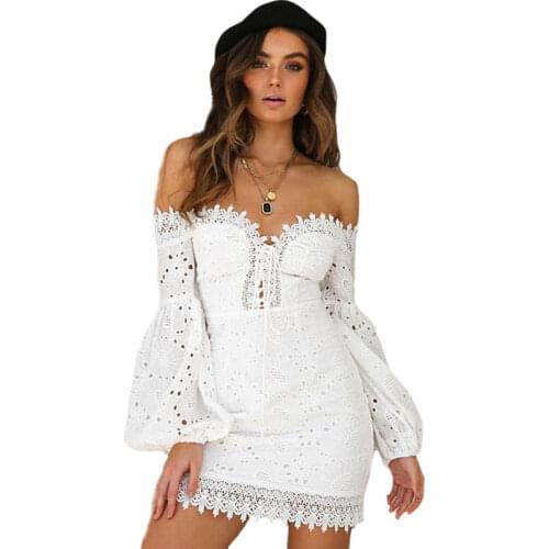 Lace White Dress Lantern Sleeve Sexy Off Shoulder Party Dresses Women Evening Elegant Lace Up Slash Neck Hollow Out Mini Dress