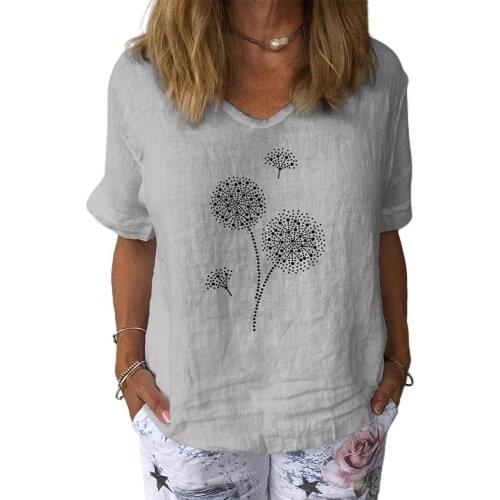 Women Blouse Summer Casual V Neck Short Sleeve Dandelion Print Cotton Linen Blouse Top T-shirt tee Womens Clothing Female Blusa