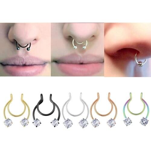 TIANCIFBYJS Stainless Steel Fake Nose Rings 20G Faux Helix Piercing Body Jewelry Septum Tragus Lip Ring Cartilage Earring 1/5pcs