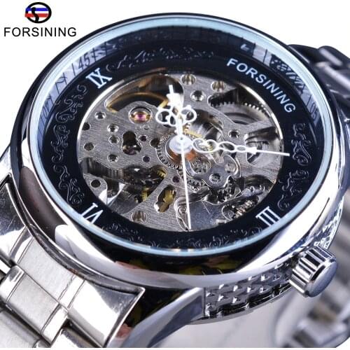Forsining Silver Stainless Steel Pattern Dial Design Open Work Skeleton Mens Mechanical Wrist Watches Top Brand Luxury Automatic