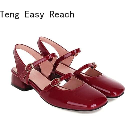New Women Sandals Square Toe Fashion Heels Patent Leather Buckle Classic Vintage red black green Big Size 34-43