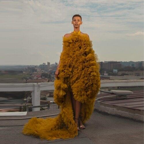 New Arrival Puffy Full Tiered Plated Tulle Dresses For Women Sexy High Low Halter Sleeveless Long Dress With Train Photo Shoot