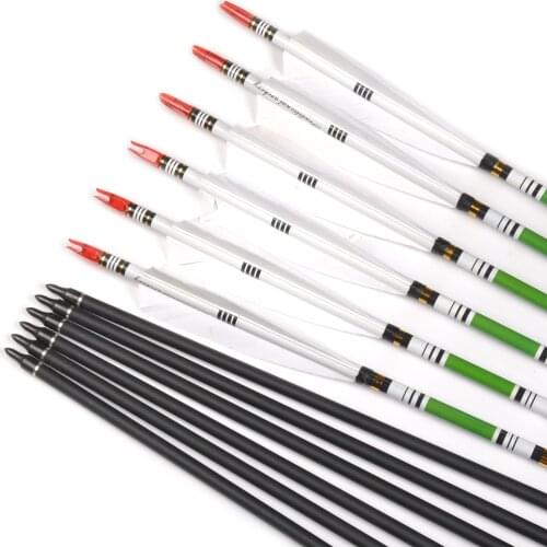 30 inches Spine 500 OD7.6mm Carbon Arrows With 3 White Turkey Feather for 20-50lbs Bow Hunting Shooting Archery