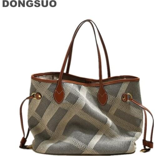 Women designer plaid canvas totes handbag with genuine leather handle shopping bag summer casual large capacity purse beach bag