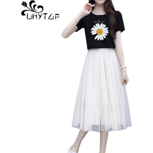 UHYTGF Elegant student summer two piece set fashion small daisies tshirt+mesh skirt cute girl dress Sweet student skirt set 1657