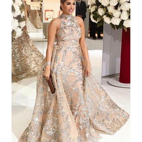 SuperKimJo Champagne Evening Dresses 2020 High Neck Detachable Skirt Elegant Evening Gown Vestido De Festa De Longo