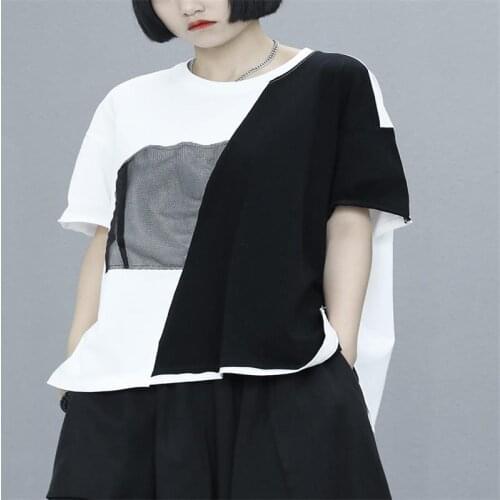 Lady summer new big size contracted black and white net yarn splice round collar loose short sleeve T shirt womens coat