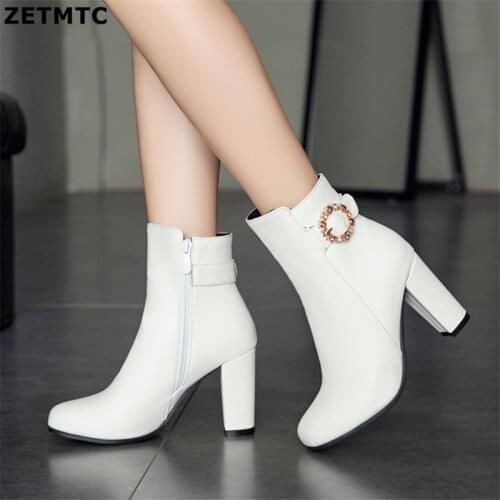 Womens Ankle Boots High Heels Boots Zipper Round Toe Winter Ladies Boots White yellow Black Boots Woman 2019 New Shoes