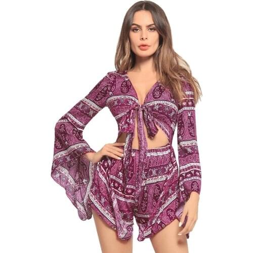 2019 Spring and Summer Womens Sexy Casual Fashion New Home Travel Beach Trumpet Sleeve Print Siamese Shorts