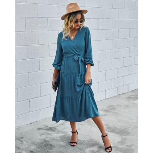 European Style Autumn Women Fashion Elegant Bandage Dress Casual Ruffles Sexy V Neck High Waist Slim Print Long Dress