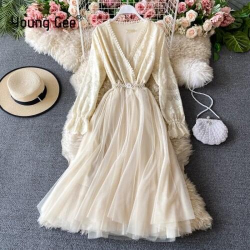 Young Gee white lace dress women sweet mesh long sleeves v-neck floral pink elegant irregular multilayers dresses beaded belt