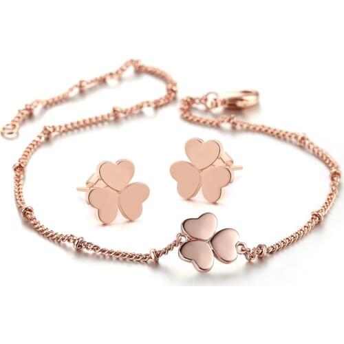 Earrings Bracelet Jewelry Sets For Women Simple OL Lucky Heart Shape Clover Rose Gold Color Birthday Gift Fashion Jewelry S511
