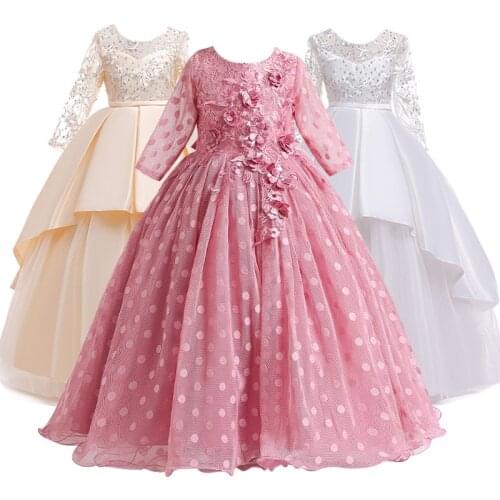 2021 Girl Wedding Dress Rhinestone Long-sleeved First Communion Formal long Lace Pageant Christmas Princess Prom Dress Costume