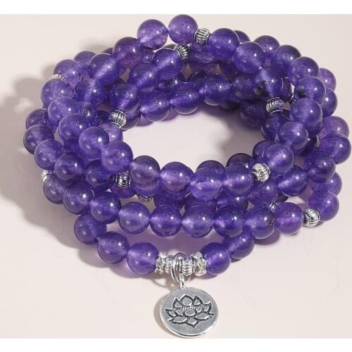 Japa mala Bracelet Necklece 108 Beads 8MM Natural Stone Amethysts Crystal Stone Beads Meditation Lotus OM Prayer Yoga Bracelet