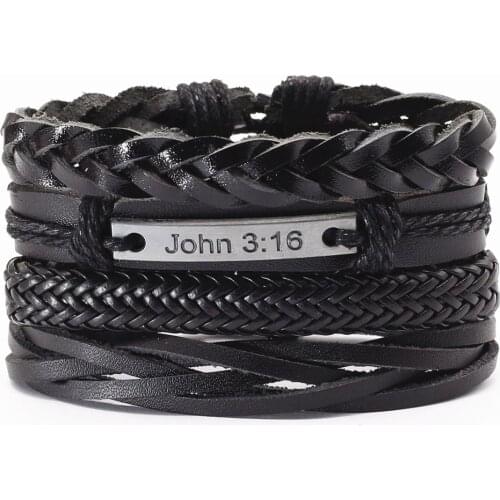 Faith John 3:16 Wristbands WWJD Punk 4 pcs/set Vintage Black Bible Leather Bracelets Men Bracelets Women Unique Jewelry