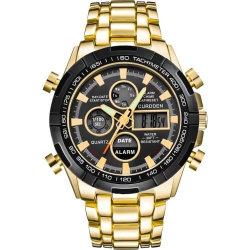 Gold Watch CURDDEN Chronograph Business Watch Full Steel Dual Time Analog Digital Watches Men Waterproof Watch Relogio Masculno