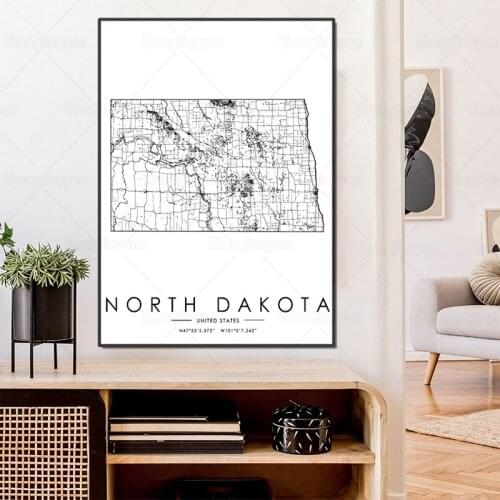 Black and White City Map US The North dakota Map Poster HD Print Wall Art Canvas Nordic Landspace Painting for Home Decor