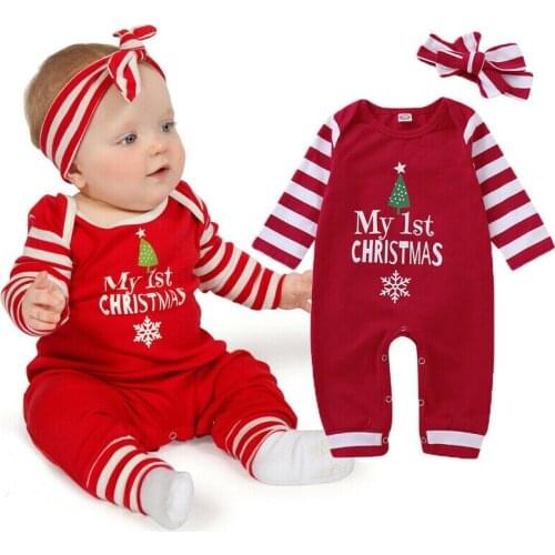 Baby Girls Romper long sleeves Christmas Newborn Girl Stripe Romper Jumpsuit Headband Outfit Clothes New Christmas Red