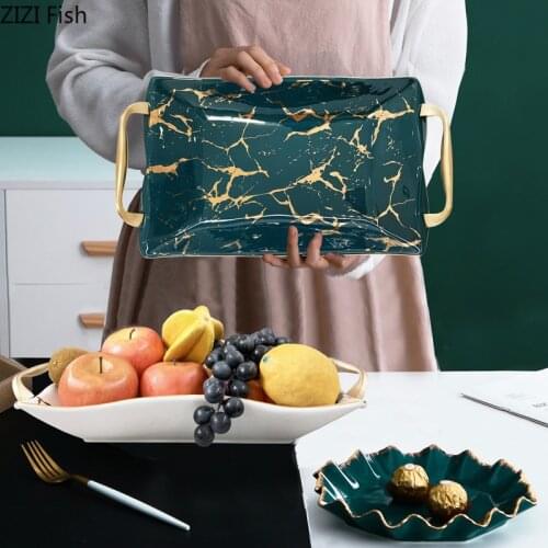 European Style Ceramic Marble Tray Art Living Room Coffee Table Fruit Tray Household Snacks Candy Storage Tray Home Decoration
