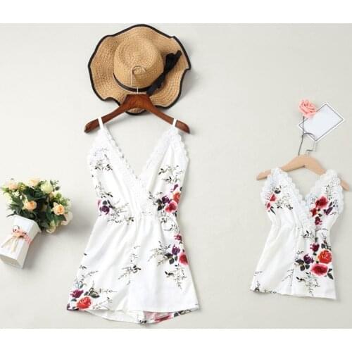 Summer Sweet Family Matching Outfits Instagramable Mother Daughter Sleeveless Sling Floral Rompers For Mother Child