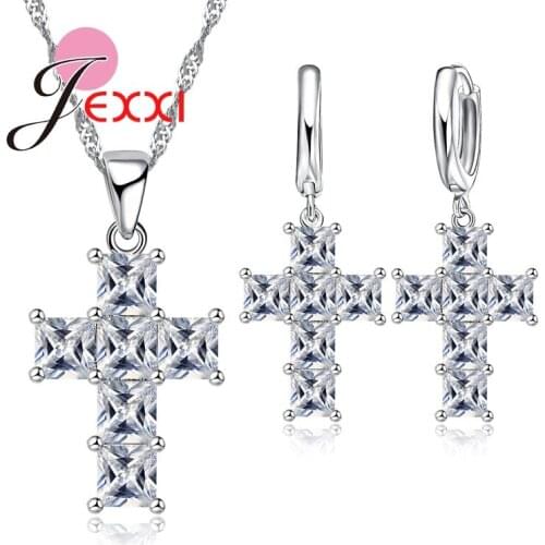 Chunky Style Cubic Zircon Cross Necklace Pendent Earrings For Fashion Women Silver Jewelry Set For Casual Occasion