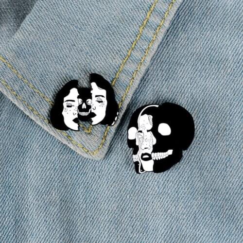 Cartoon Punk Black and White Segmented Avatar Skull Skeleton Enamel Brooch Alloy Badge Clothes Bag Pin Accessories Jewelry Gift