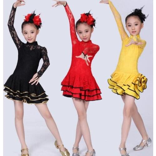 2019 Lace Newest Sexy Ballroom Dresses Tango Salsa Latin Dance Dress Children Red Black Lace Dress For Girls Long Sleeve