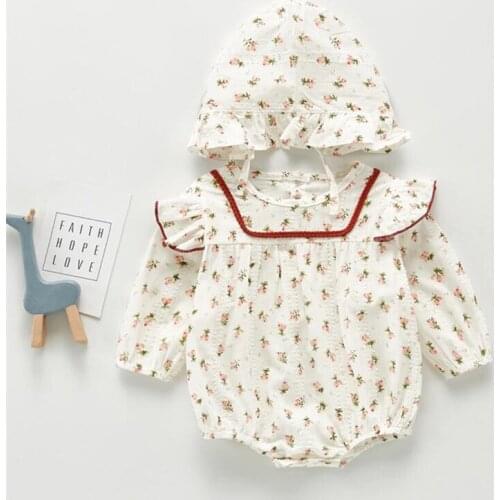 2020 Autumn Flower Baby Girls Ruffles Romper Infant Newborn Baby Jumpsuit Playsuit Baby Clothes With Hat
