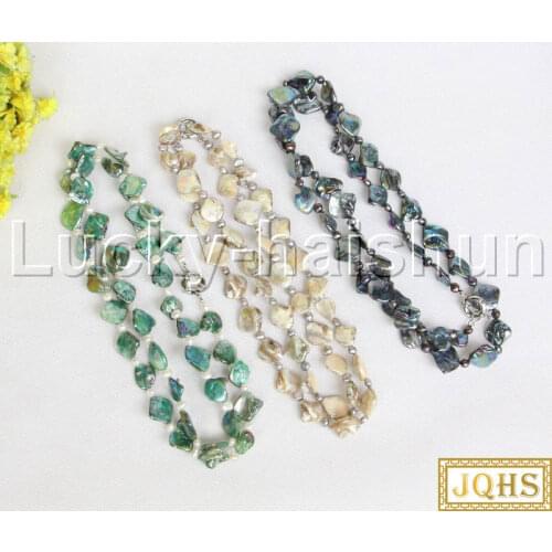 JQHS Long 40" Baroque white peacock black green pearls seashell Beaded Strand necklace 18KGP clasp j11817