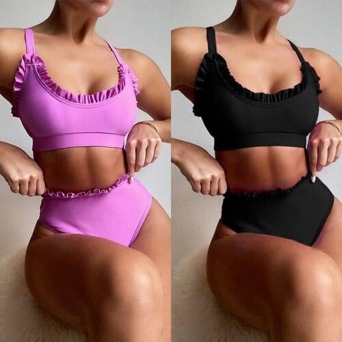 Sexy High Waist Bikini Push Up Womens Swimsuit Pure Colour Ruffle Swimwear Women High Cut Bathing Suit Women Beachwear