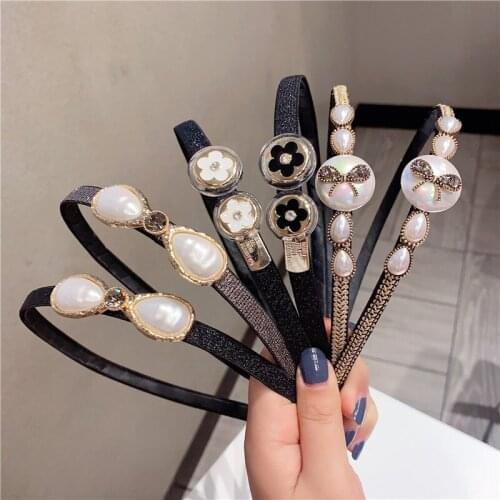 Bowknot Flower All Match Hairband Women Black Golden Pearl Rhinestone Headband Female Street Sweet Hair Accessories Headwear